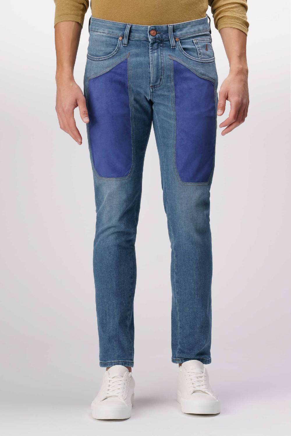 Jeckerson James - Pantalone 5 Tasche Con Toppa In Comfort Denim Blu Medio