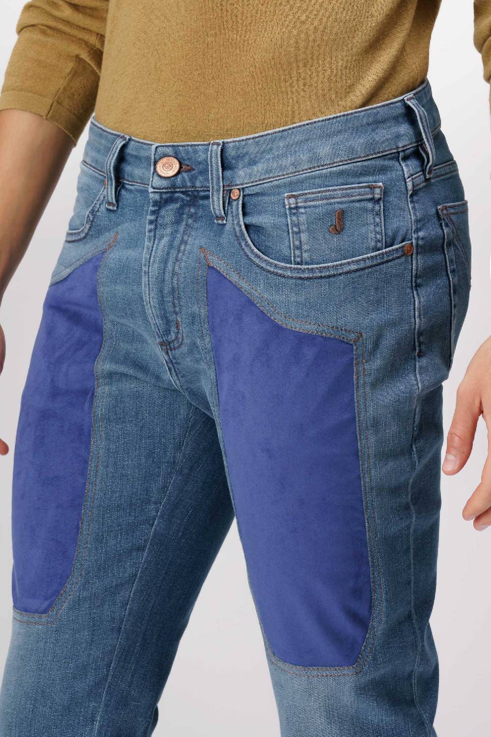 Jeckerson James - Pantalone 5 Tasche Con Toppa In Comfort Denim Blu Medio