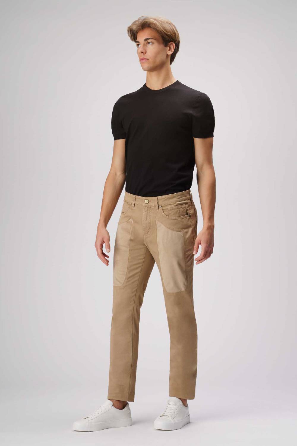 Jeckerson John - Pantalone 5 tasche con toppa in alcantara beige scuro