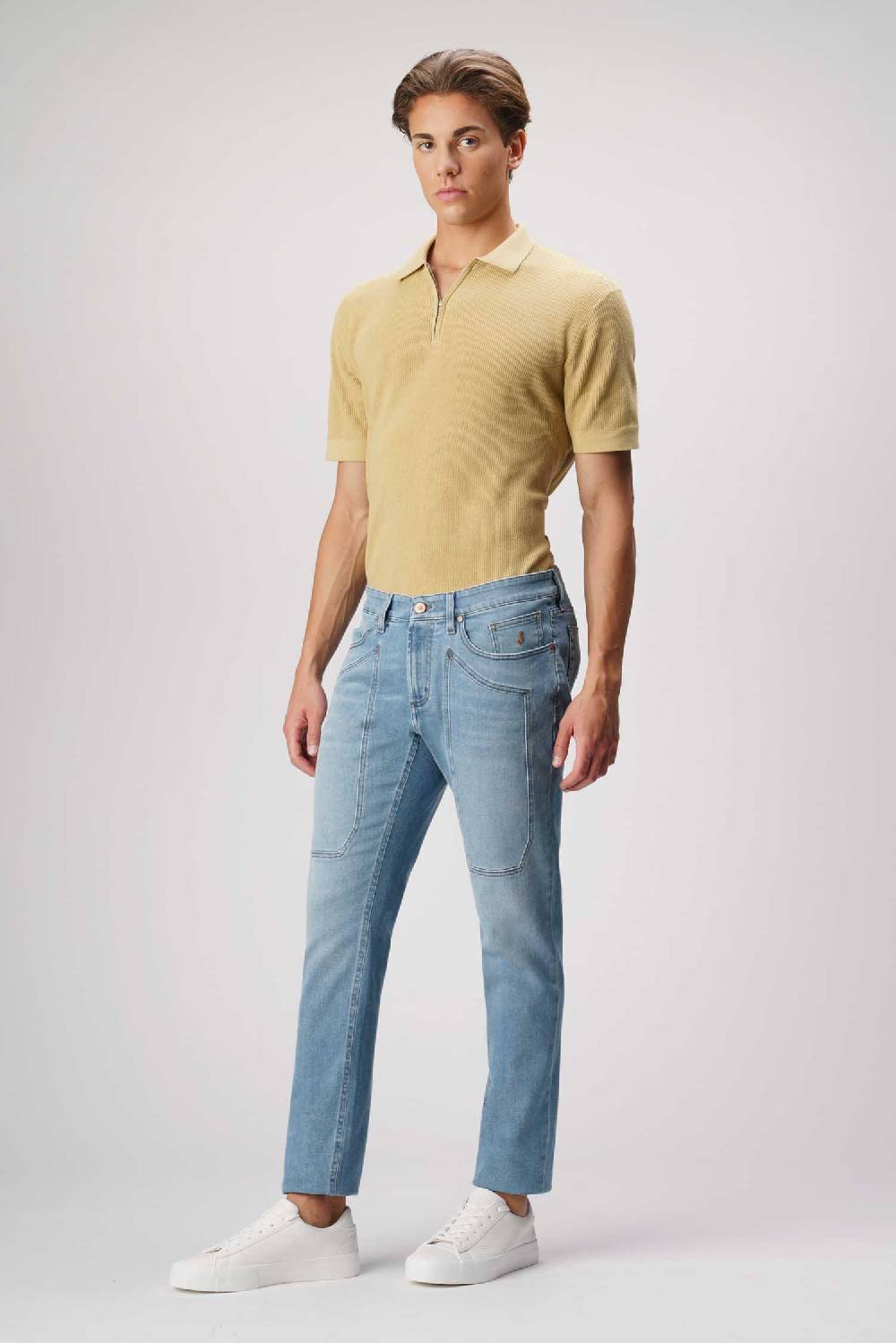 Jeckerson John - Pantalone Con Toppa In Denim Tri-blend Blu Medio Chiaro No Rotture