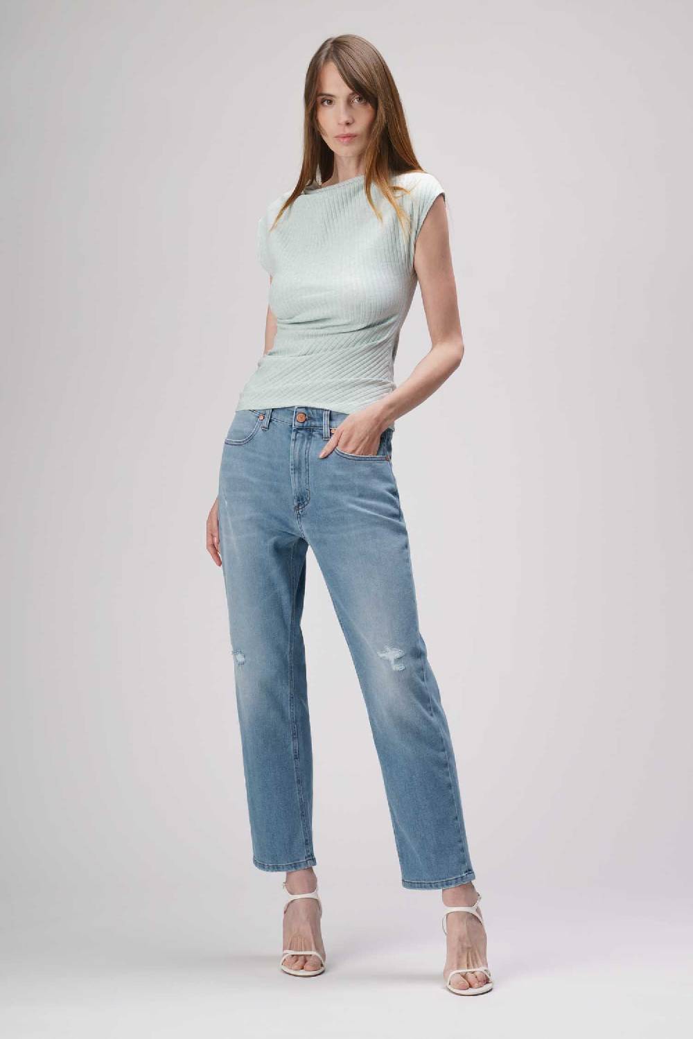 Jeckerson Julia - Pantalone 5 tasche boyfriend in denim tri-blend blu medio chiaro