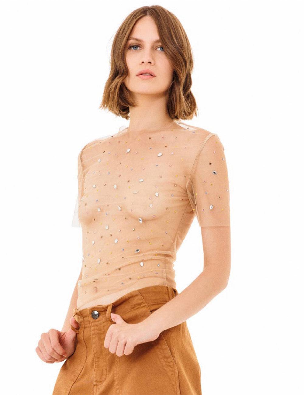 Jijil T-shirt trasparente con strass