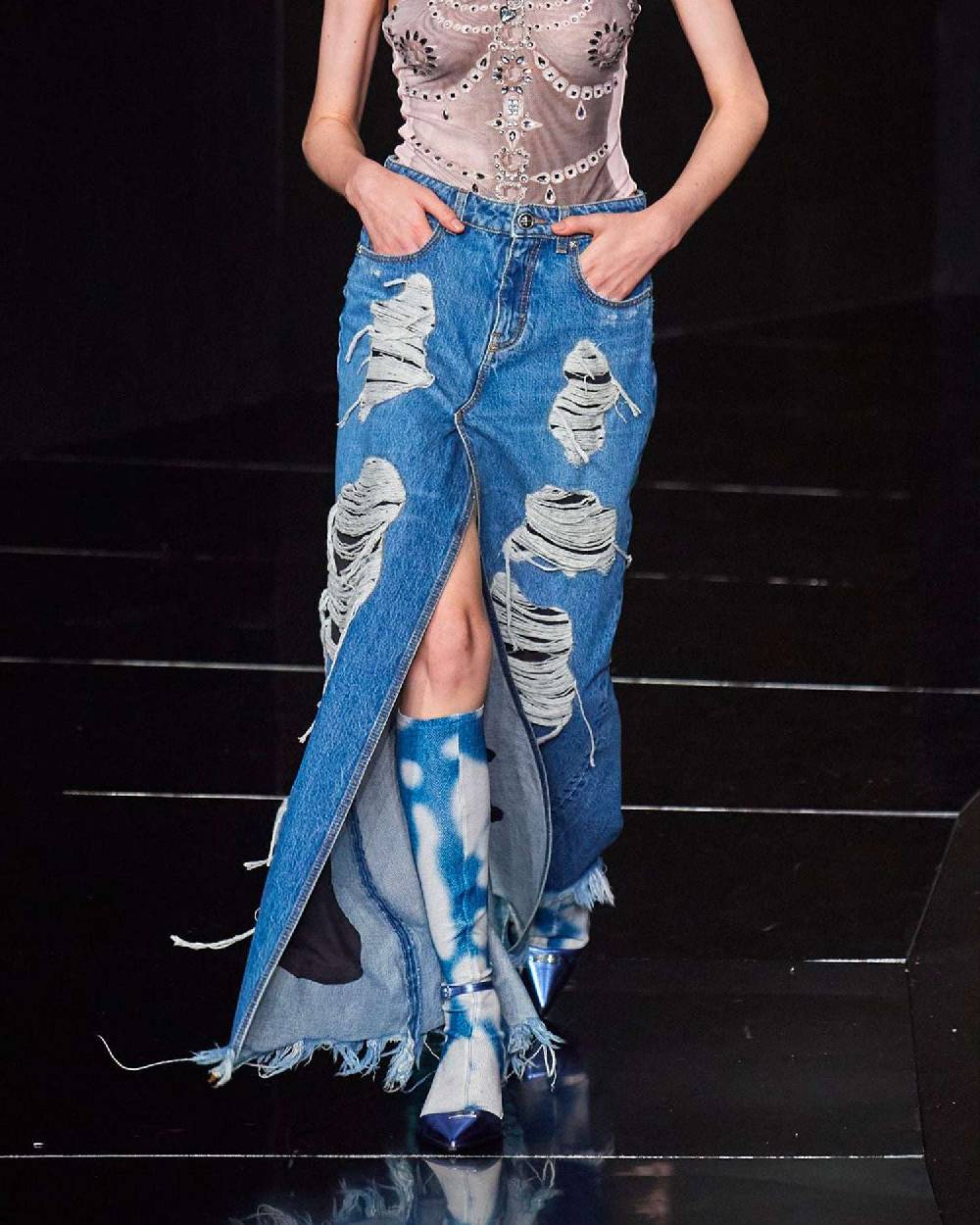 John Richmond Gonna Midi In Denim Con Strappi Sul Davanti