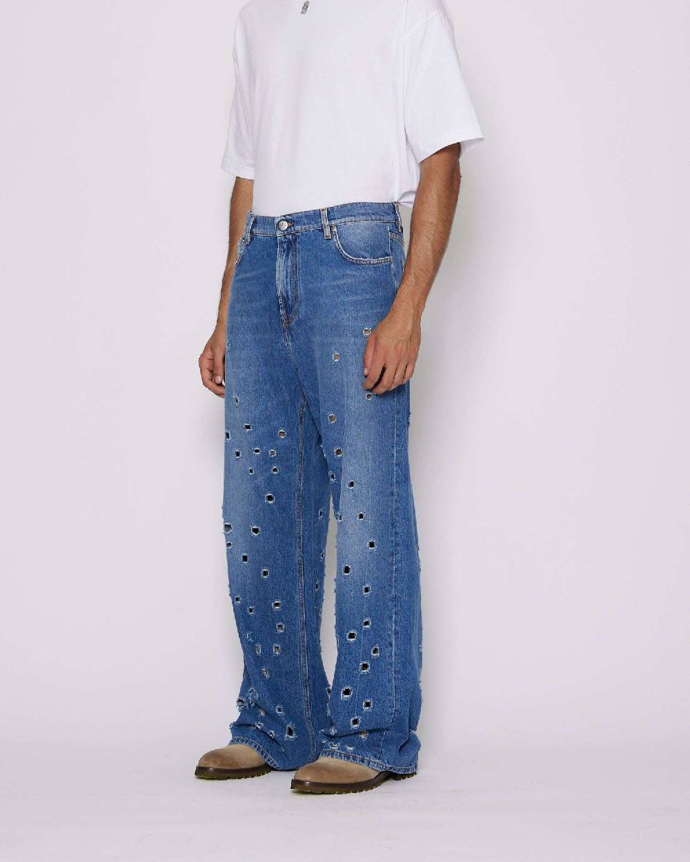 John Richmond Jeans Gamba Larga Con Fori Metallici Sul Davanti