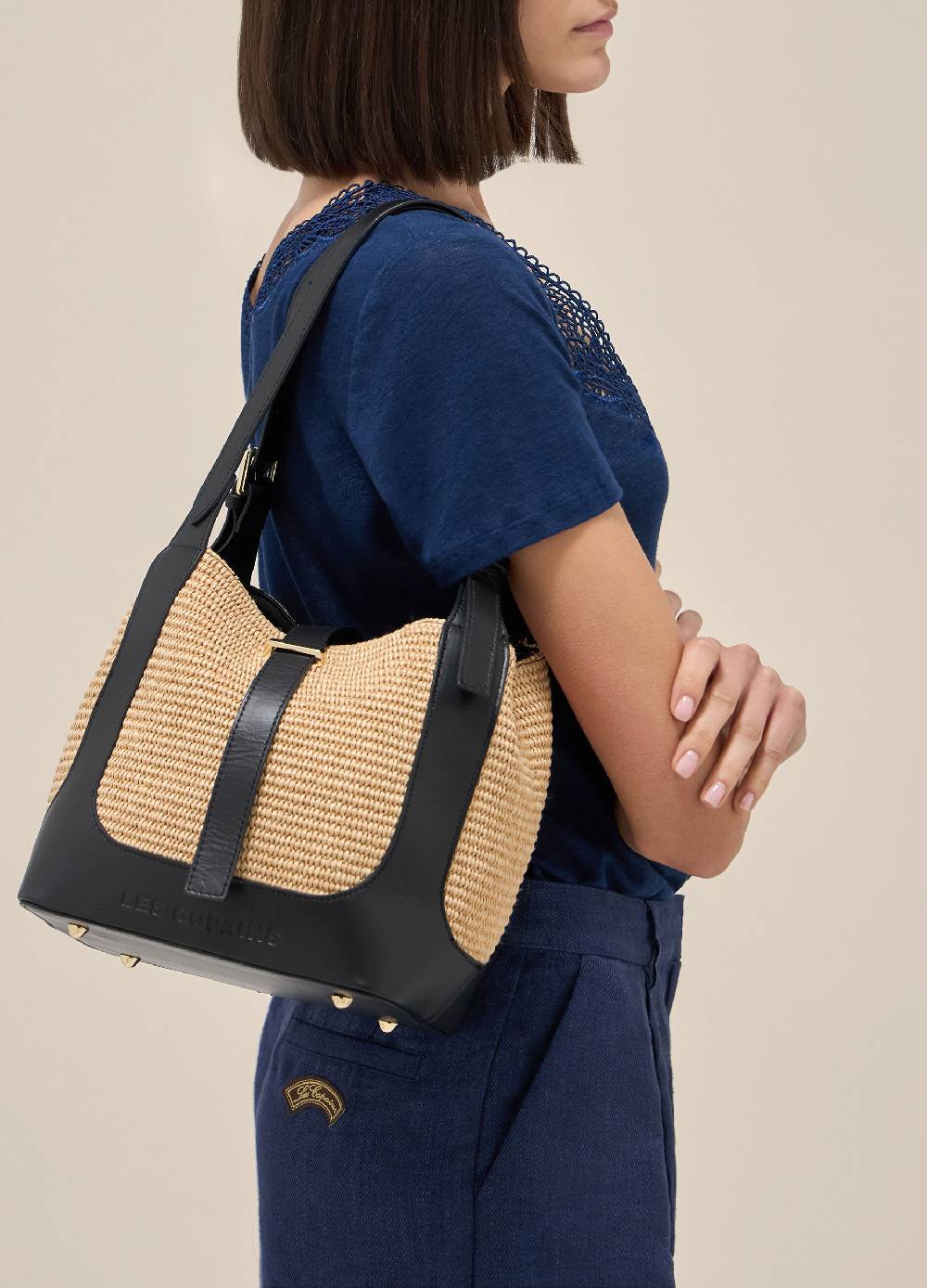 LES COPAINSBorsa in vera pelle e rafia