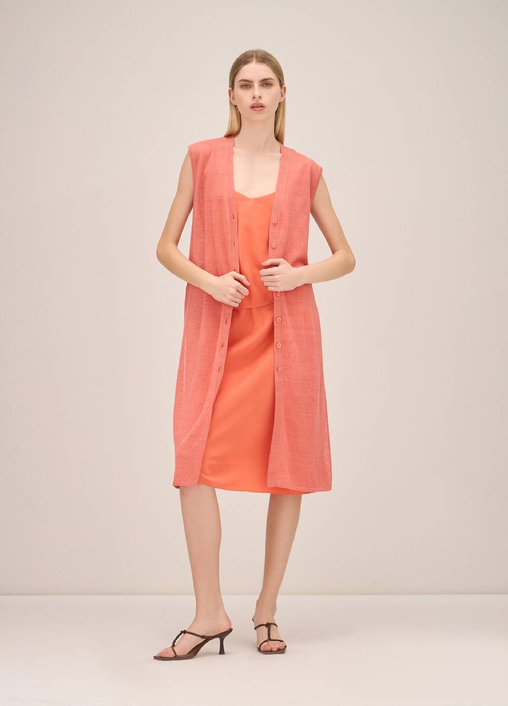 LES COPAINSGilet lungo tricot in misto lino