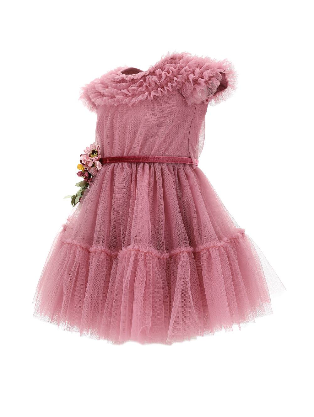 Monnalisa Abito Tulle Mano Seta Con Fiori In Vita