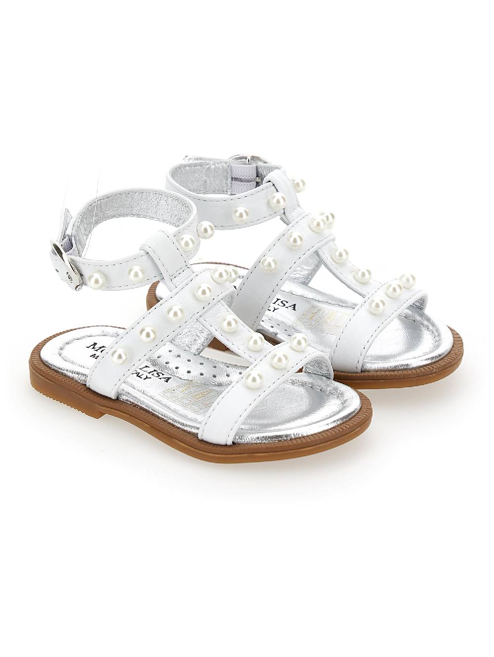 Monnalisa Sandali Pelle Laminata Con Perle