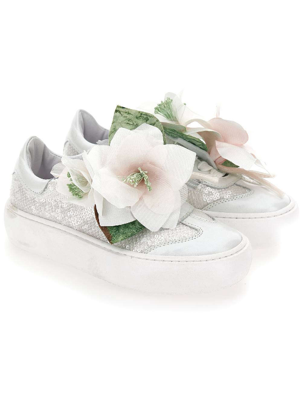 Monnalisa Sneakers Pelle E Paillettes Con Magnolia