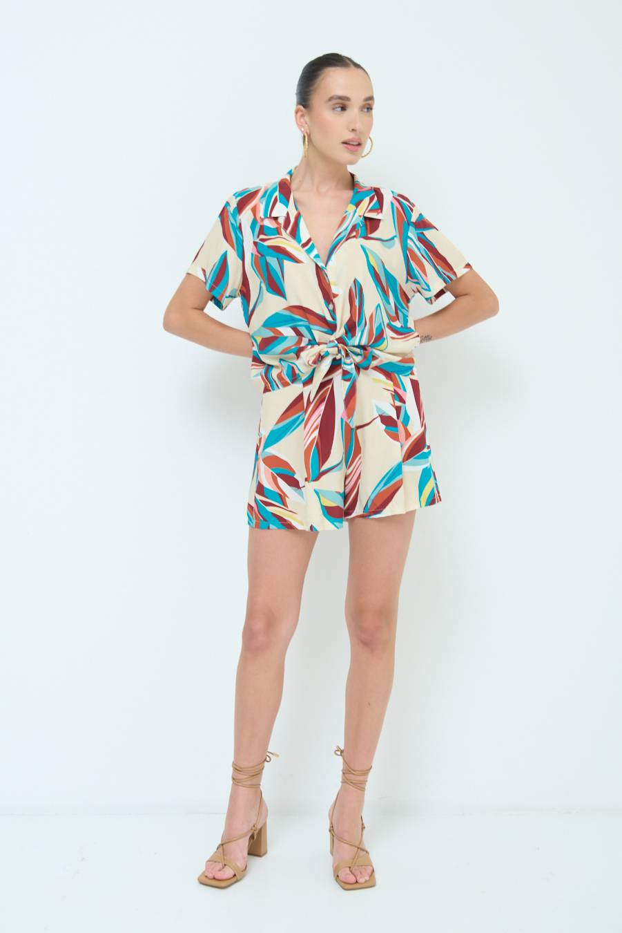 Kikisix CAMICIA ANNODATA STAMPATA A FOGLIE COLORATE ACQUA