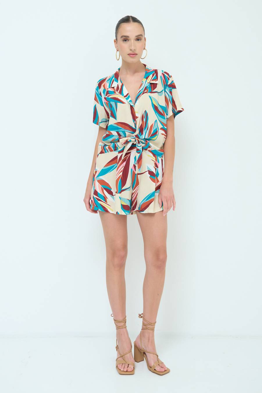 Kikisix CAMICIA ANNODATA STAMPATA A FOGLIE COLORATE ACQUA