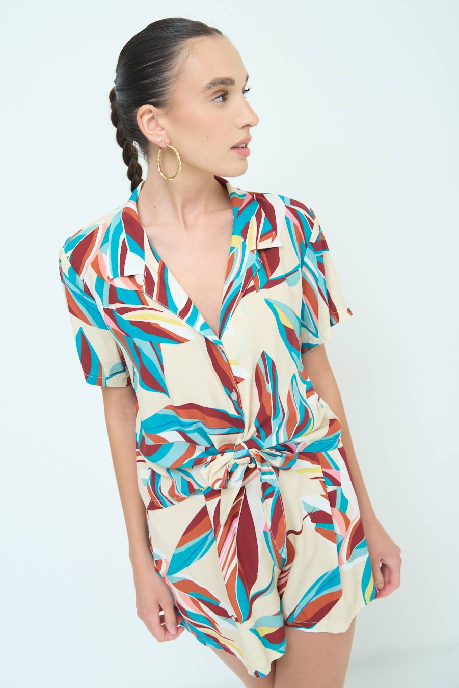 Kikisix CAMICIA ANNODATA STAMPATA A FOGLIE COLORATE ACQUA