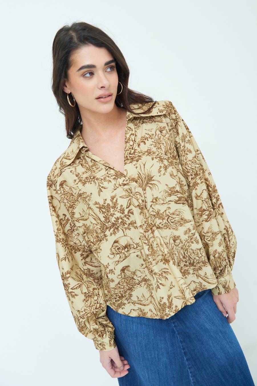 Kikisix CAMICIA POLO MANICA AMPIA FANTASIA ORIENTALE CAMMELLO