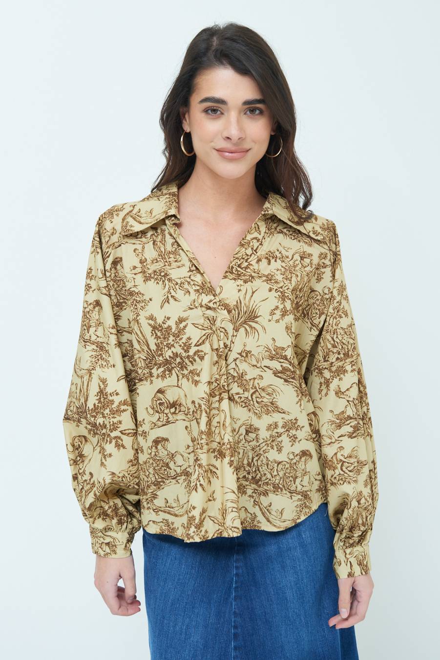 Kikisix CAMICIA POLO MANICA AMPIA FANTASIA ORIENTALE CAMMELLO