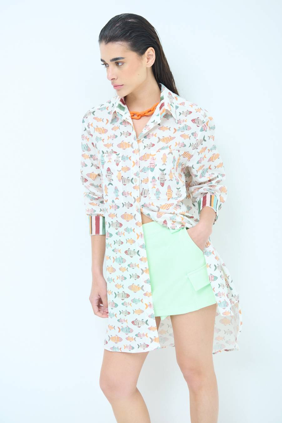 Kikisix CAMICIONE INSERTO DOPPIA FANTASIA VERDE/OCRA