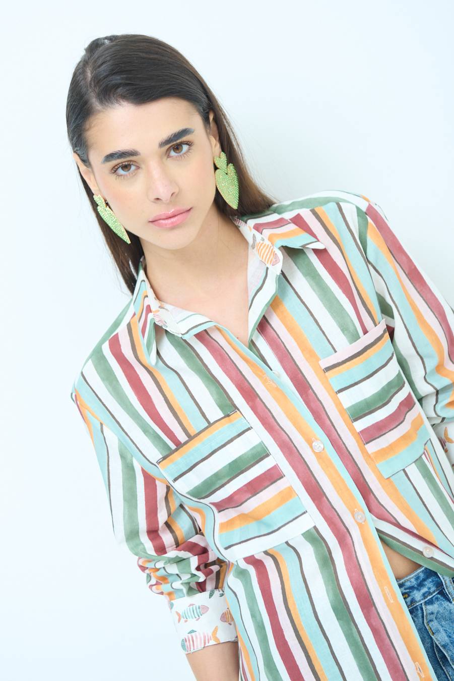 Kikisix CAMICIONE INSERTO RIGA. FANTASIA PESCE VERDE/OCRA