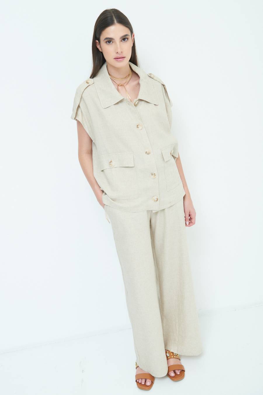 Kikisix GIACCA CAMICIA CON TASCHE VISCOSA LINO NATURALE