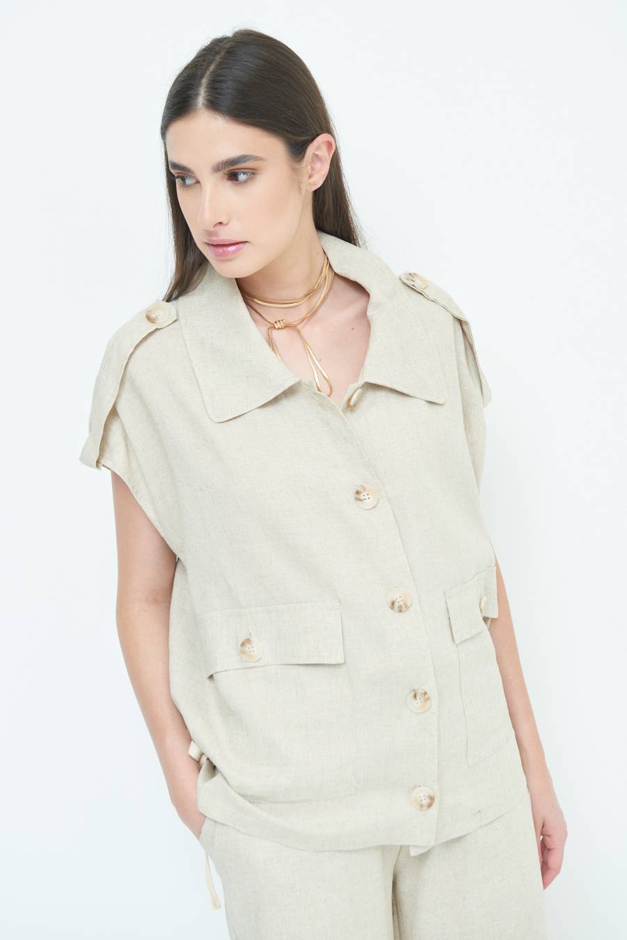 Kikisix GIACCA CAMICIA CON TASCHE VISCOSA LINO NATURALE