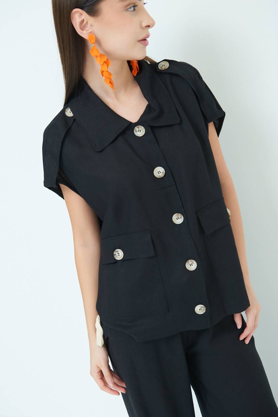 Kikisix GIACCA CAMICIA CON TASCHE VISCOSA LINO NERO