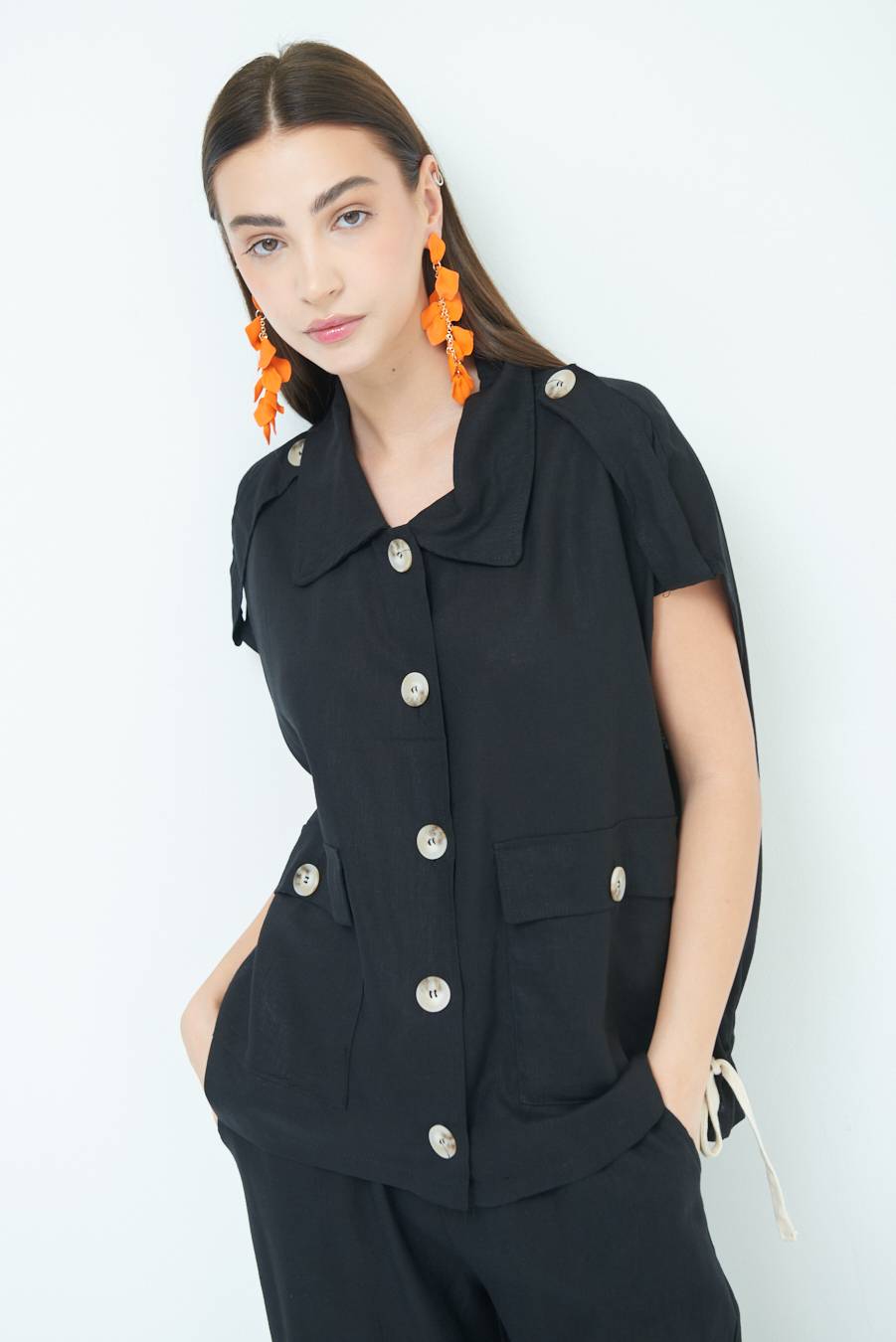 Kikisix GIACCA CAMICIA CON TASCHE VISCOSA LINO NERO