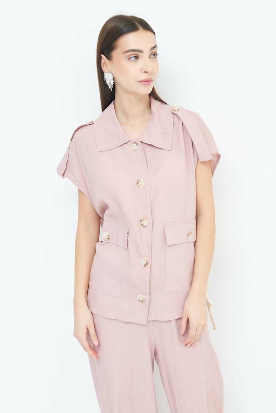 Kikisix GIACCA CAMICIA CON TASCHE VISCOSA LINO ROSA