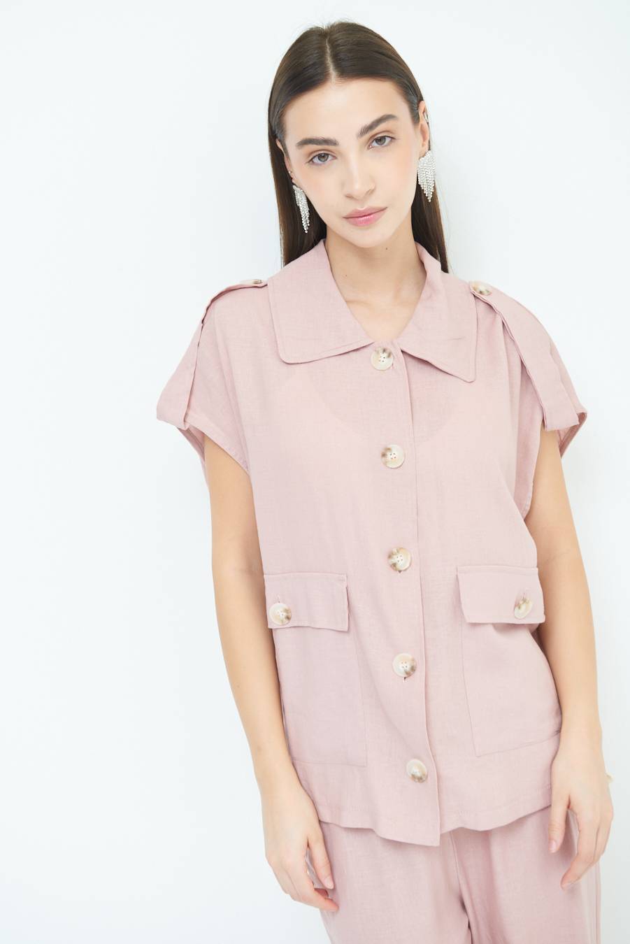 Kikisix GIACCA CAMICIA CON TASCHE VISCOSA LINO ROSA