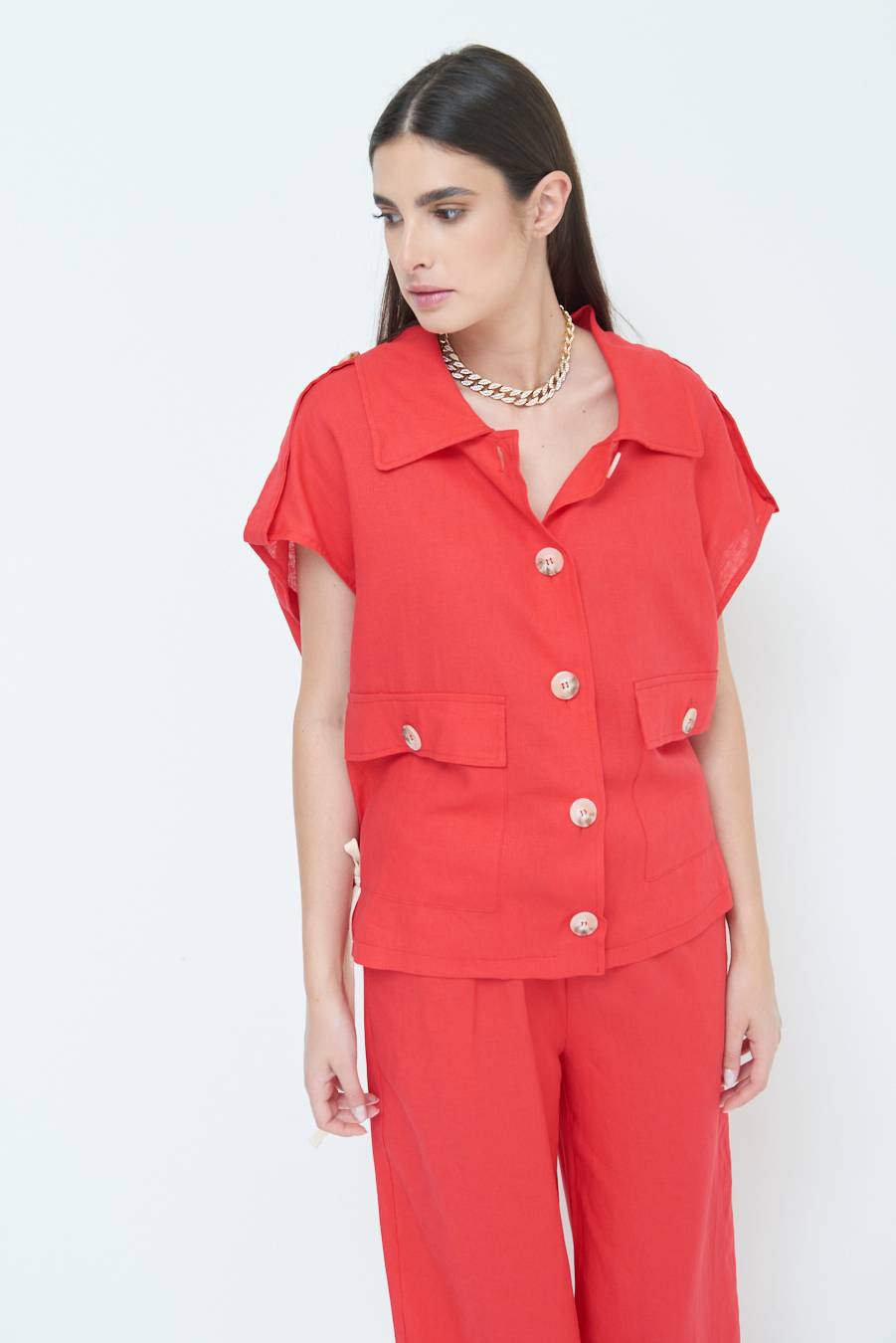 Kikisix GIACCA CAMICIA CON TASCHE VISCOSA LINO ROSSO