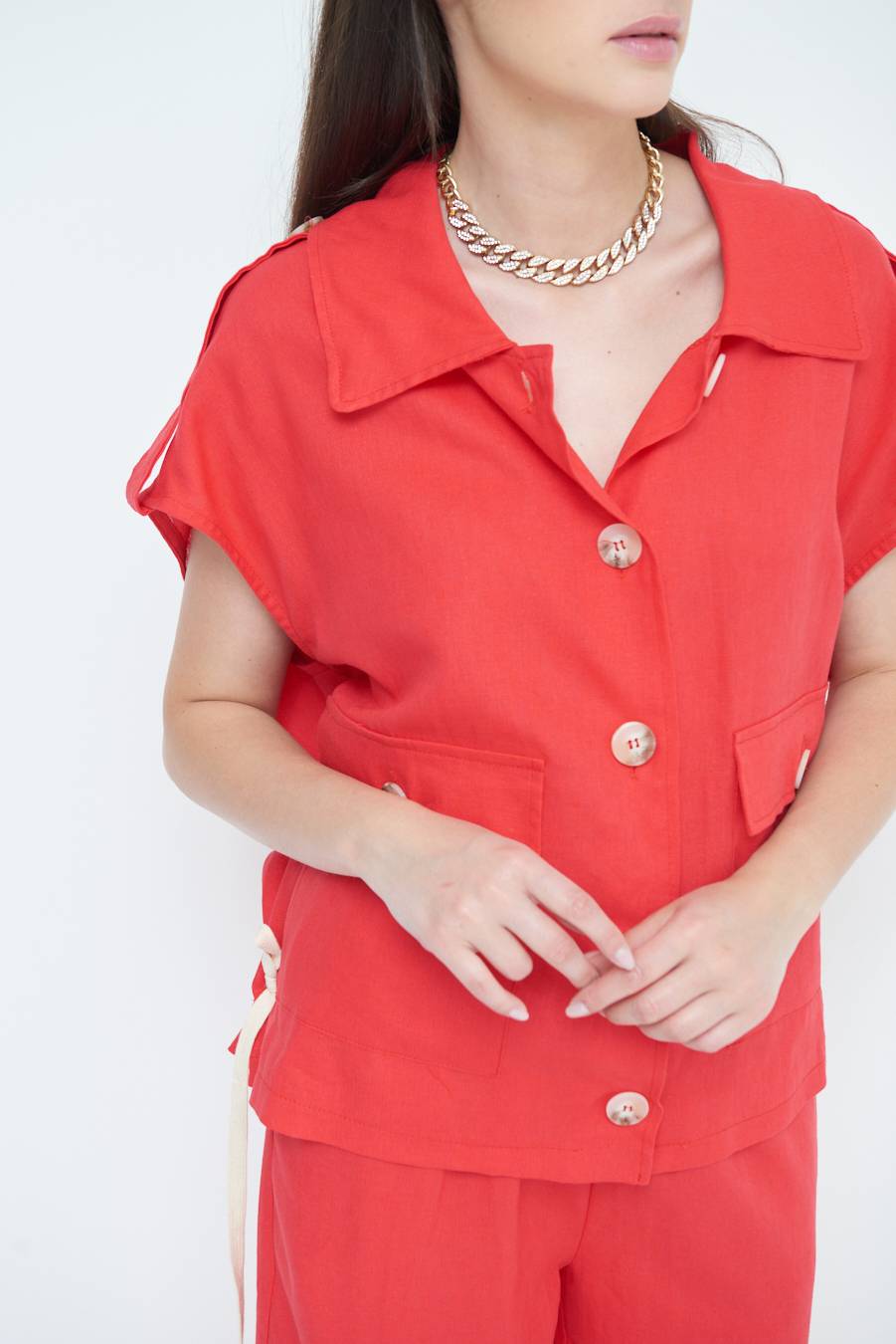 Kikisix GIACCA CAMICIA CON TASCHE VISCOSA LINO ROSSO