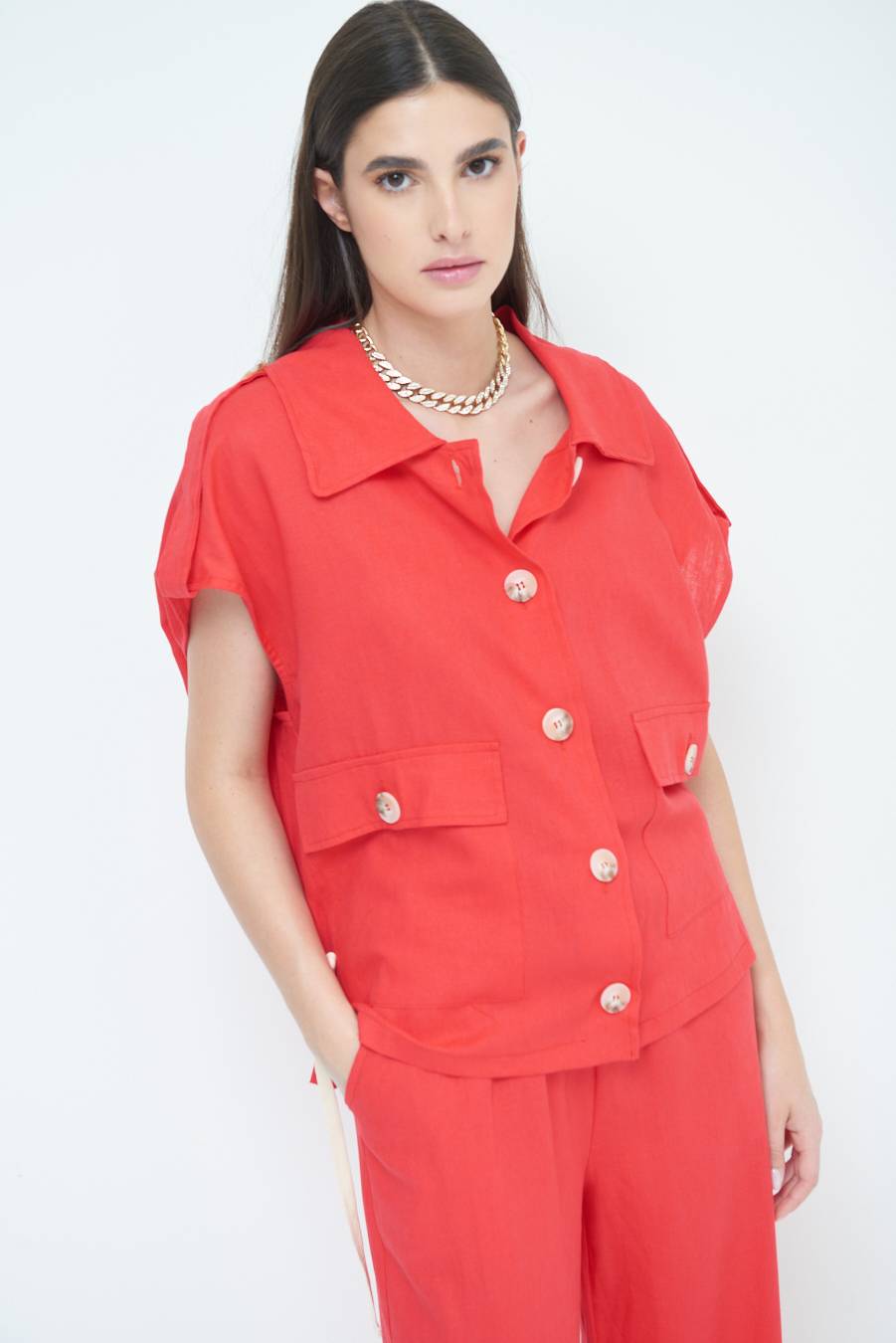 Kikisix GIACCA CAMICIA CON TASCHE VISCOSA LINO ROSSO