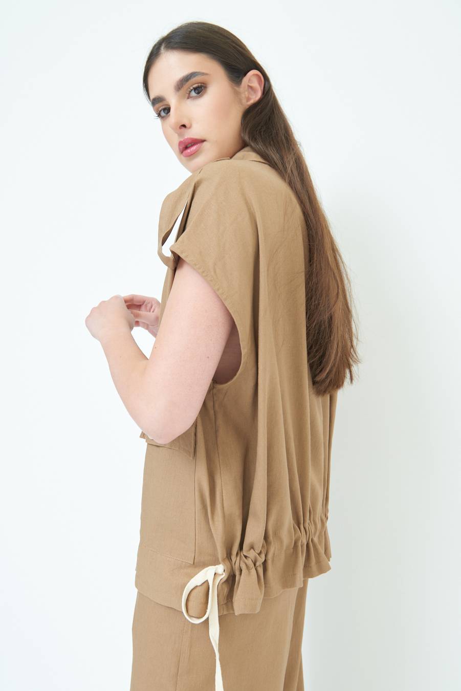 Kikisix GIACCA CAMICIA CON TASCHE VISCOSA LINO TABACCO