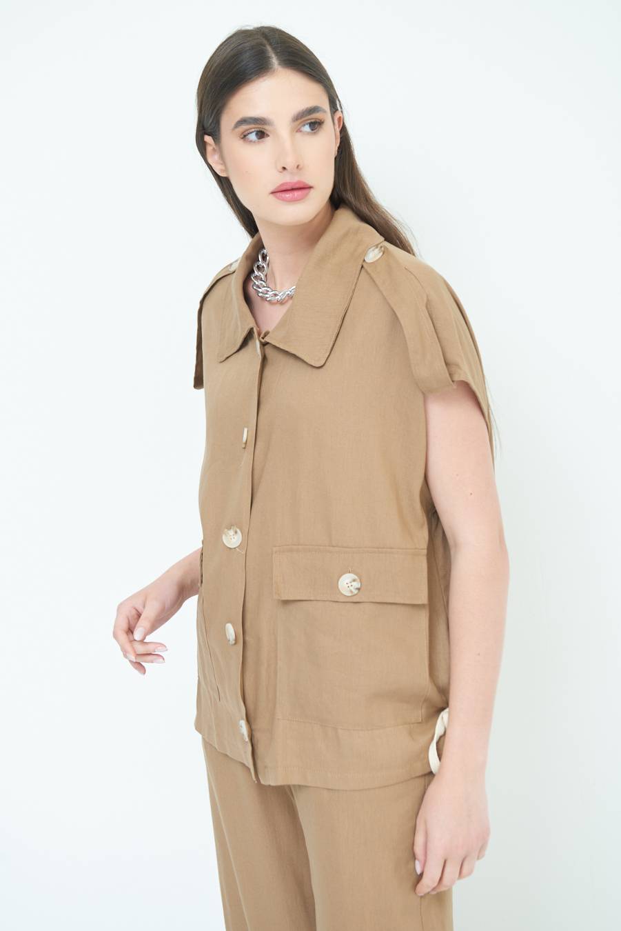 Kikisix GIACCA CAMICIA CON TASCHE VISCOSA LINO TABACCO