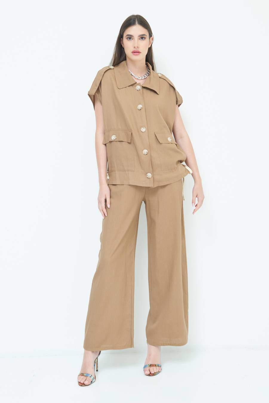 Kikisix GIACCA CAMICIA CON TASCHE VISCOSA LINO TABACCO