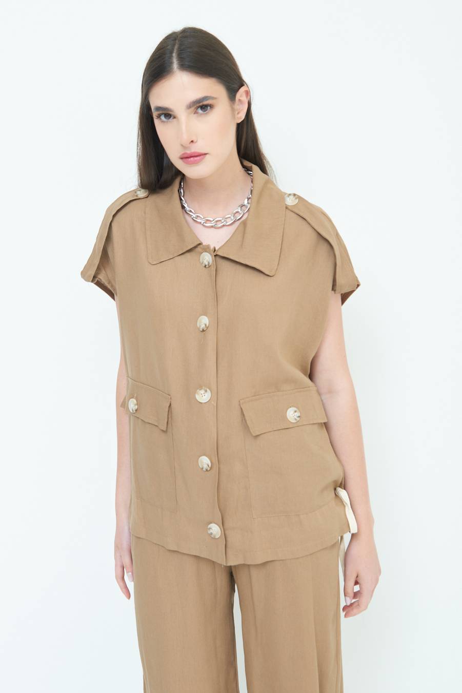 Kikisix GIACCA CAMICIA CON TASCHE VISCOSA LINO TABACCO