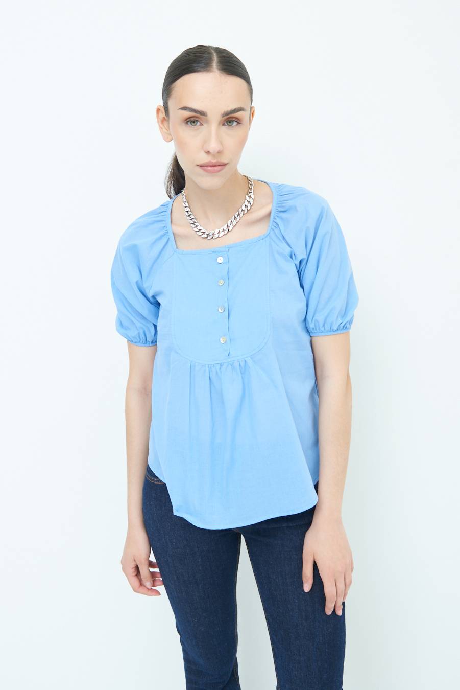 Kikisix CAMICIA CON BOTTONCINI DAV. COTONE CELESTE