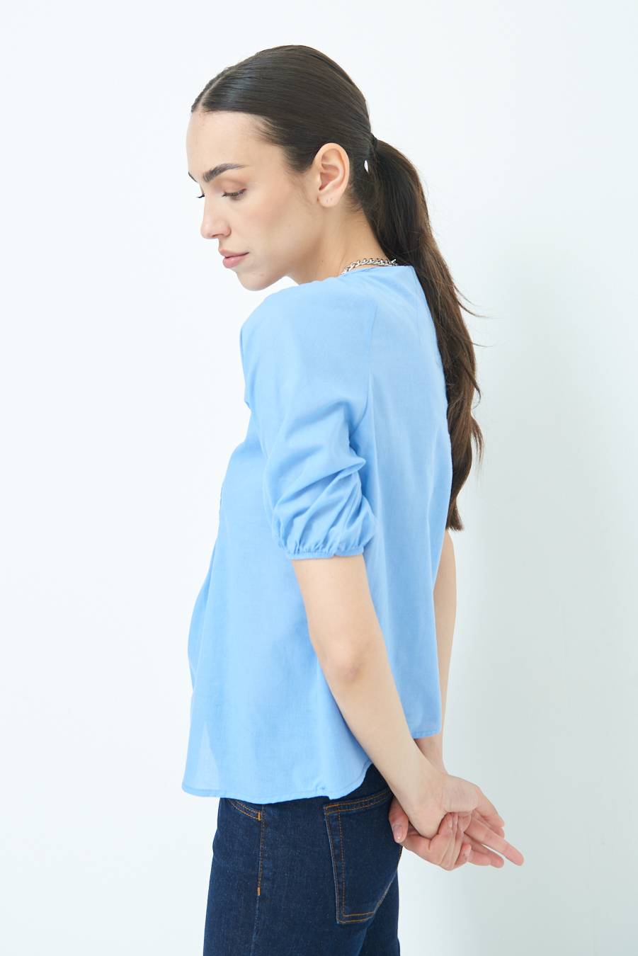 Kikisix CAMICIA CON BOTTONCINI DAV. COTONE CELESTE