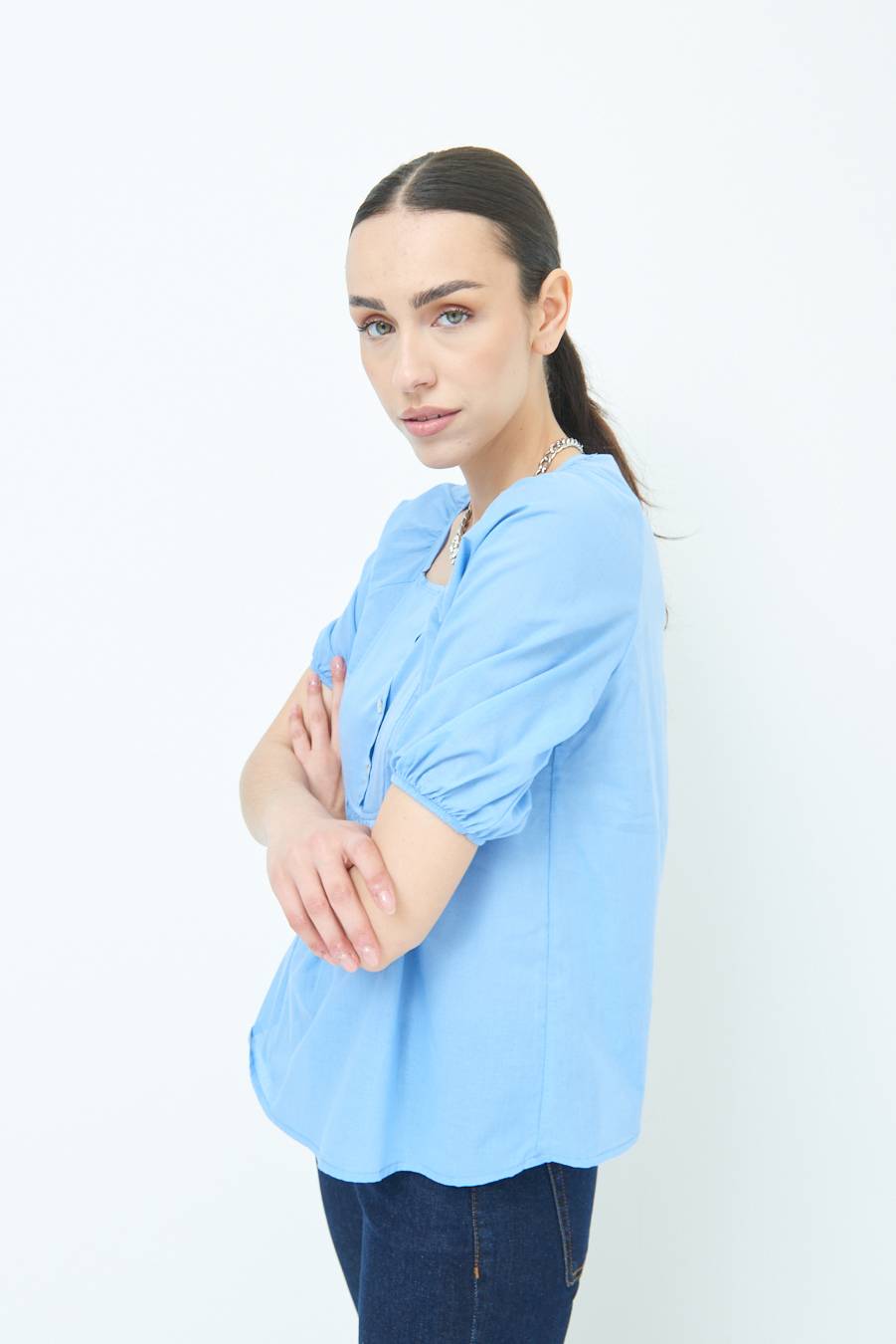 Kikisix CAMICIA CON BOTTONCINI DAV. COTONE CELESTE