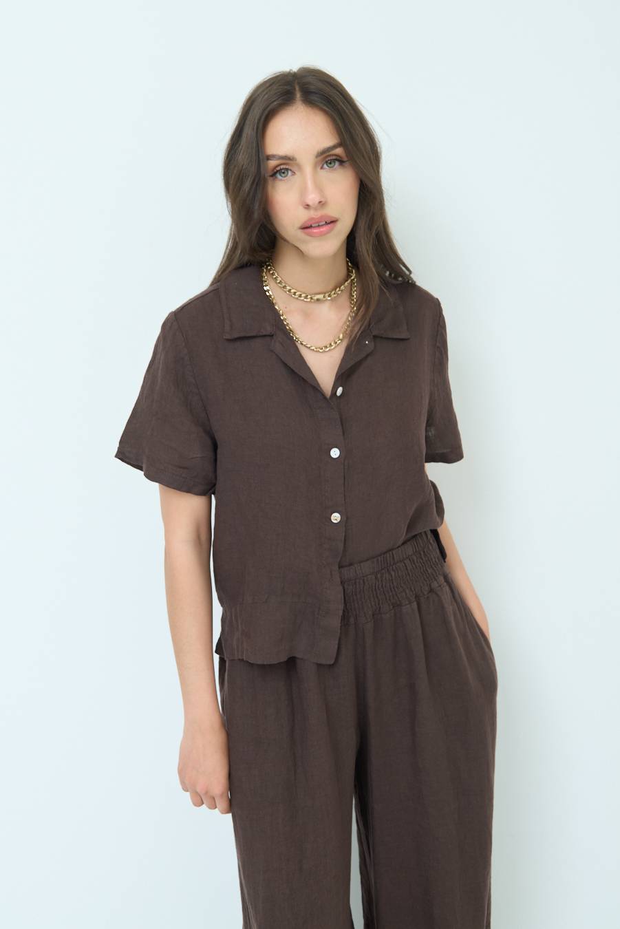 Kikisix CAMICIA LINO MEZZA MANICA CIOCCOLATO