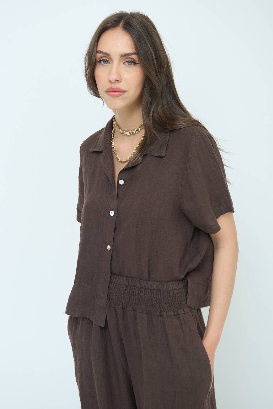 Kikisix CAMICIA LINO MEZZA MANICA CIOCCOLATO