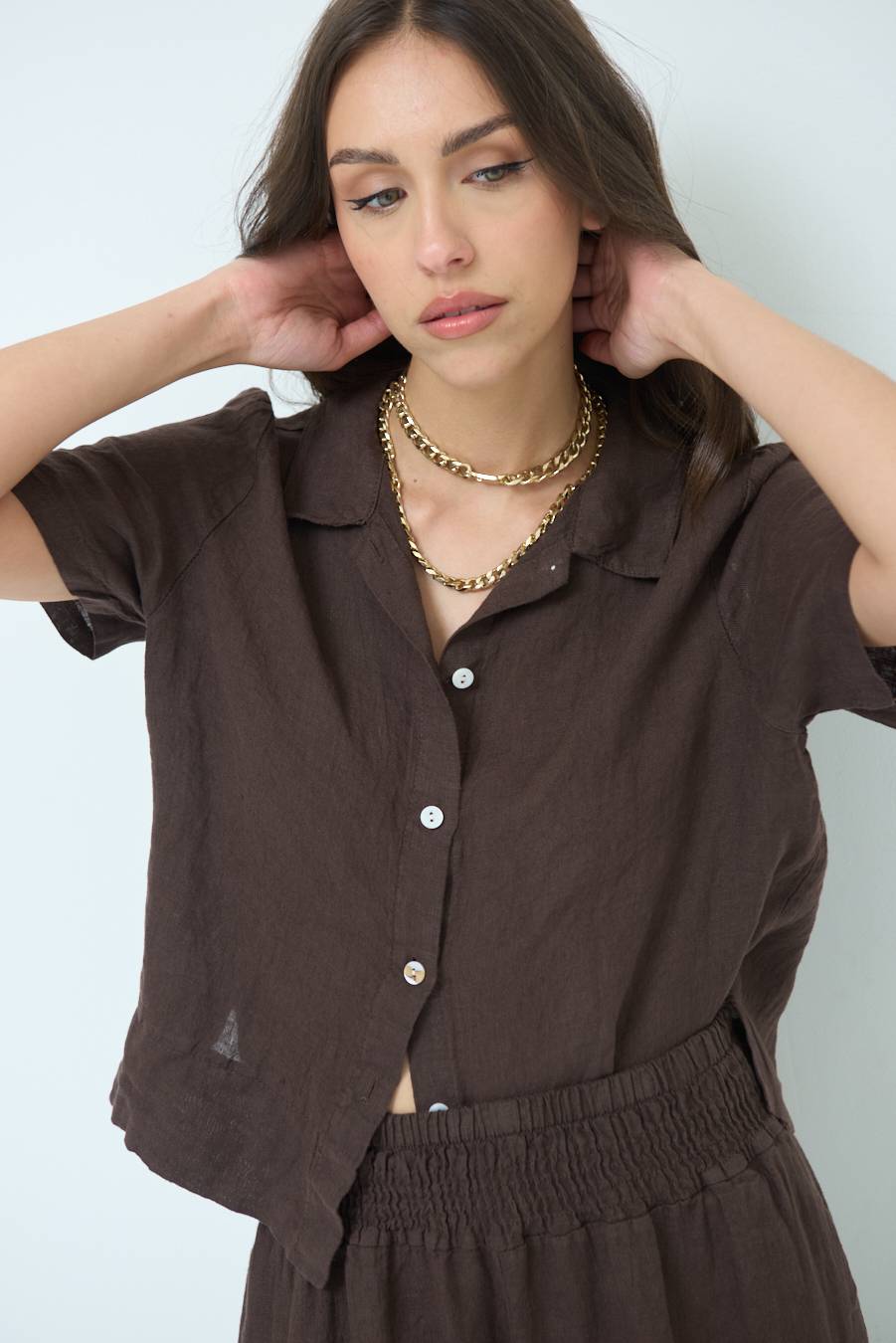 Kikisix CAMICIA LINO MEZZA MANICA CIOCCOLATO