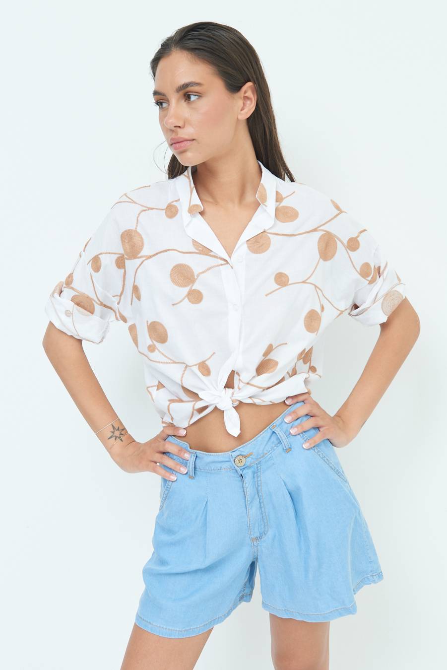 Kikisix CAMICIA NODO RICAMO CERCHIO BIANCO