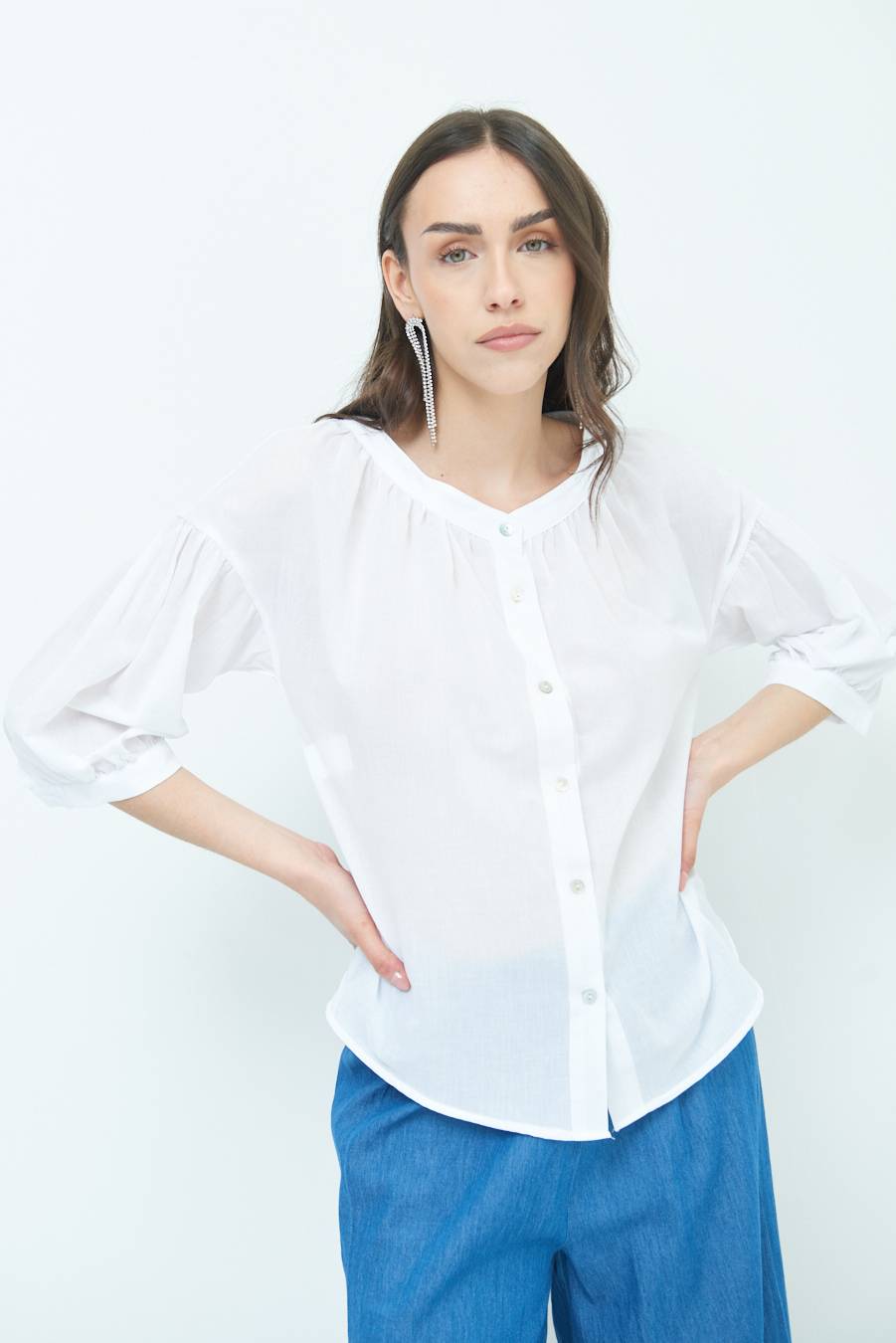 Kikisix CAMICIA SCOLLO INCRESPATO COTONE BIANCO