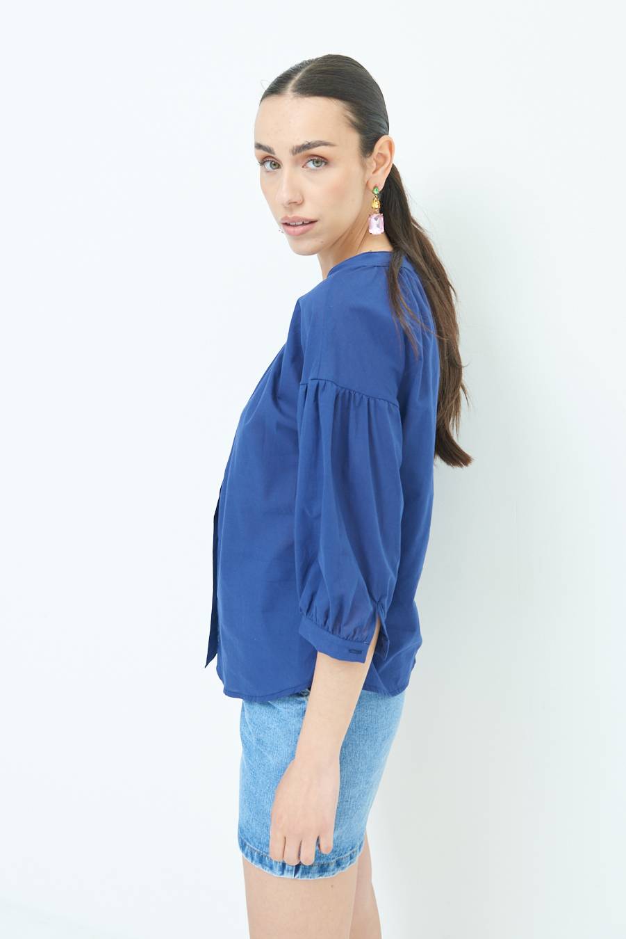 Kikisix CAMICIA SCOLLO INCRESPATO COTONE BLU