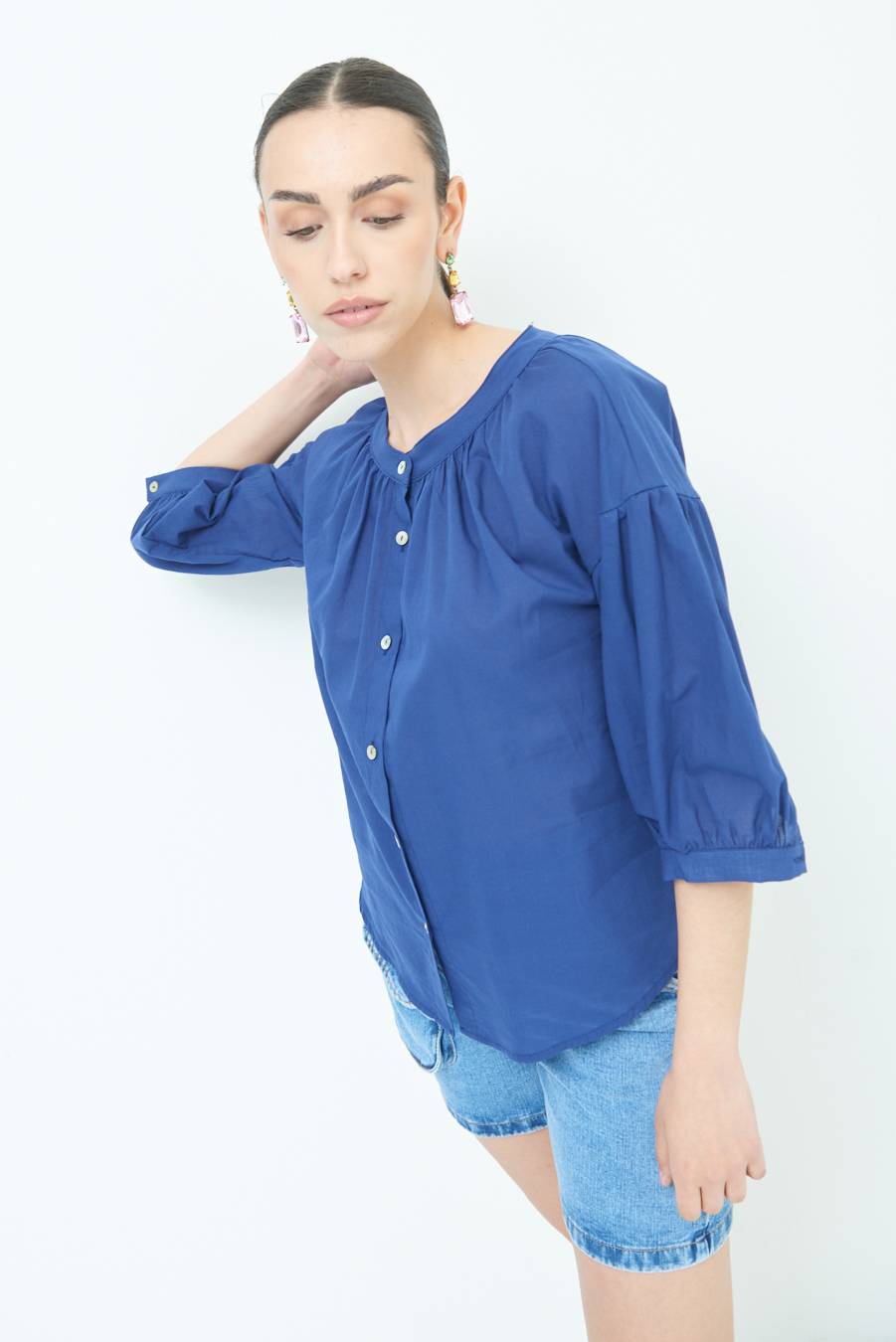 Kikisix CAMICIA SCOLLO INCRESPATO COTONE BLU