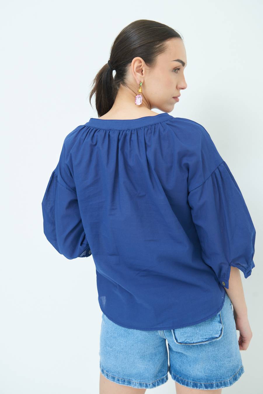 Kikisix CAMICIA SCOLLO INCRESPATO COTONE BLU