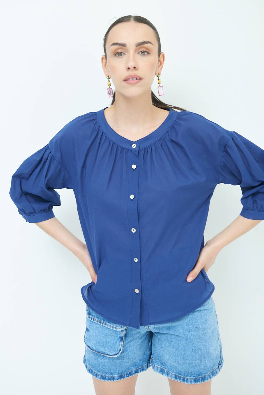 Kikisix CAMICIA SCOLLO INCRESPATO COTONE BLU
