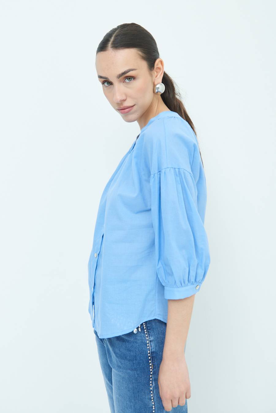 Kikisix CAMICIA SCOLLO INCRESPATO COTONE CELESTE