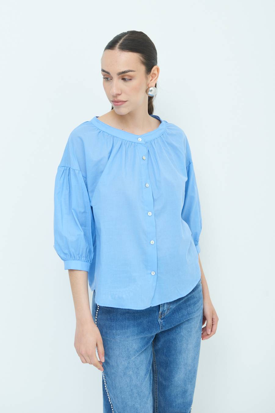 Kikisix CAMICIA SCOLLO INCRESPATO COTONE CELESTE