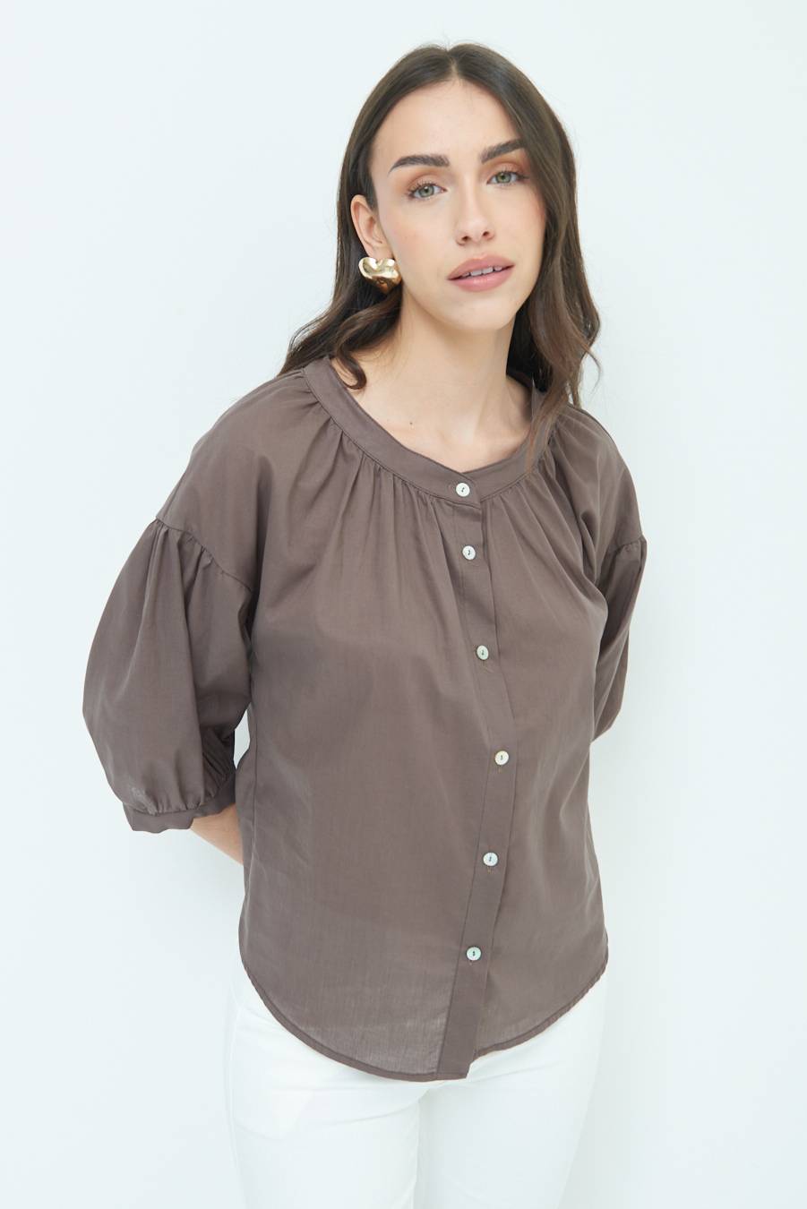 Kikisix CAMICIA SCOLLO INCRESPATO COTONE COFFEE