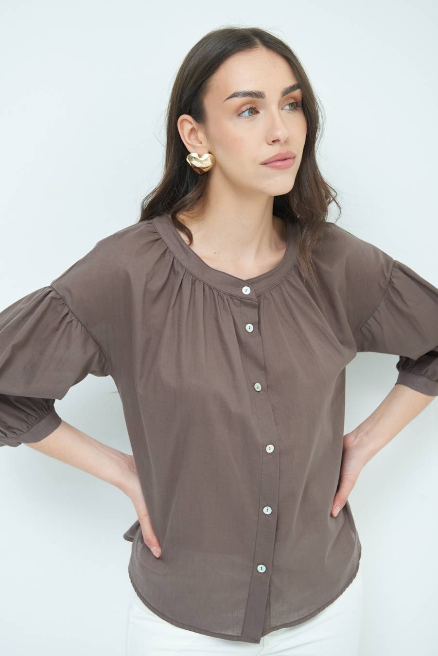 Kikisix CAMICIA SCOLLO INCRESPATO COTONE COFFEE