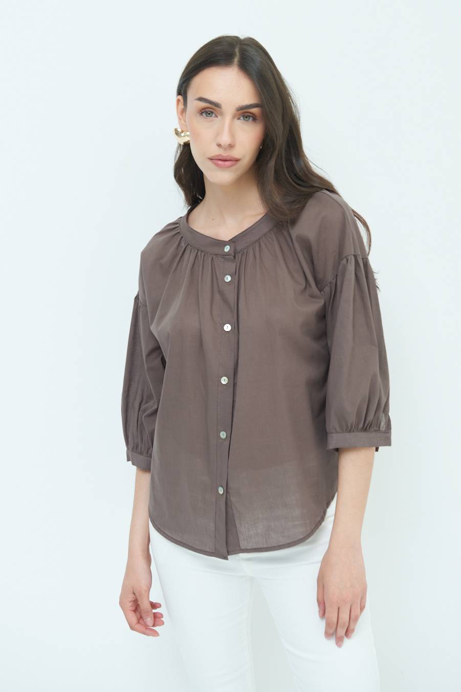 Kikisix CAMICIA SCOLLO INCRESPATO COTONE COFFEE